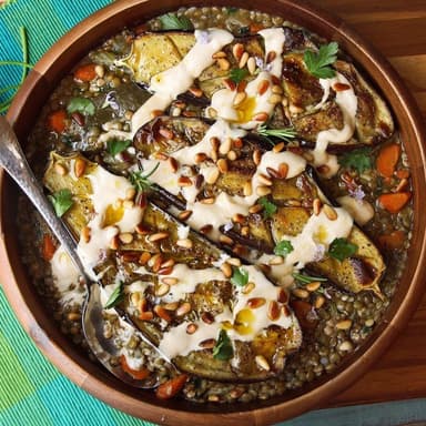 Roasted Eggplant With Tahini, Pine Nuts, and Lentils image