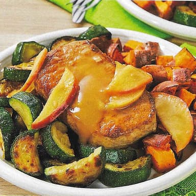 Skillet Apple Pork Chops with Roasted Sweet Potatoes & Zucchini image